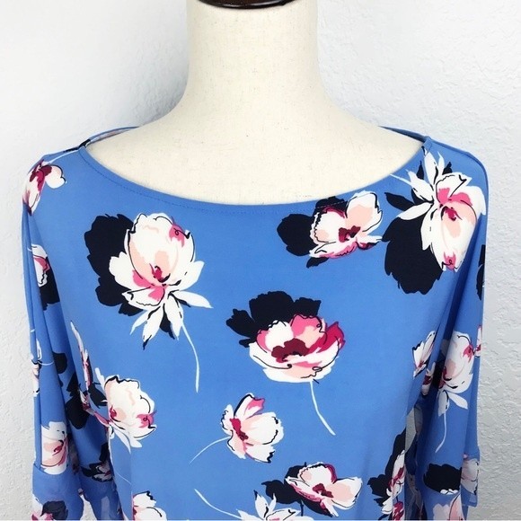 Roz & Ali Floral Flutter Sleeve Ruffle Bell Blue Pink Blouse Flowy Dressy Top XS - Picture 6 of 16